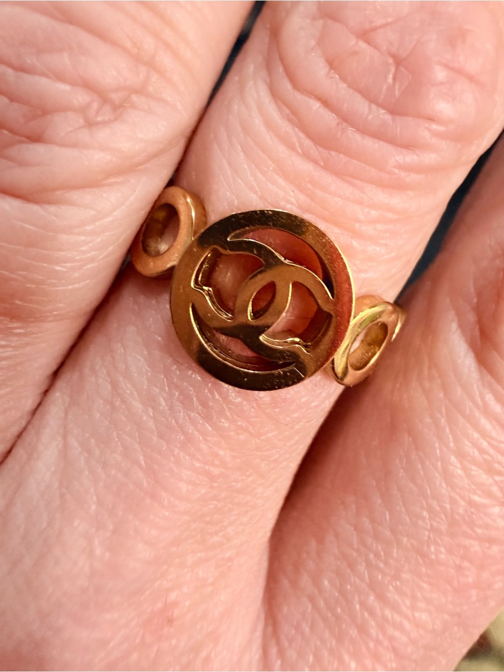 Gold Plated Stainless Steel Interlocking Logo Ring - Designer Style - Size 7.5